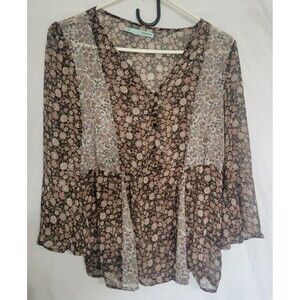 Maurices Womens Sheer Blouse Size M Floral Boho Flared Sleeves Dressy Top